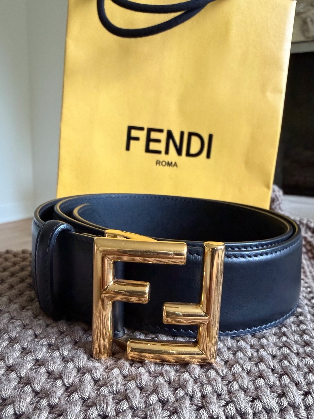 Fendi Womens Black Leather Belt with Gold Double F Buckle